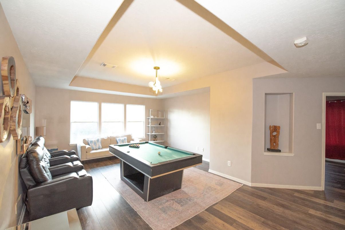 Billiard Table, Game Room, Interior, Living room, Pendant Lights, Wood Texture Flooring