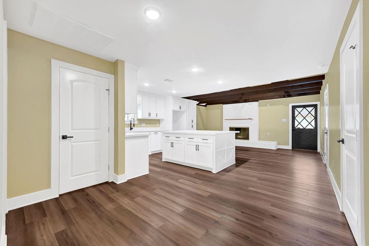 Interior, Kitchen, Recessed Lighting, Wooden Beams, Wood Texture Flooring