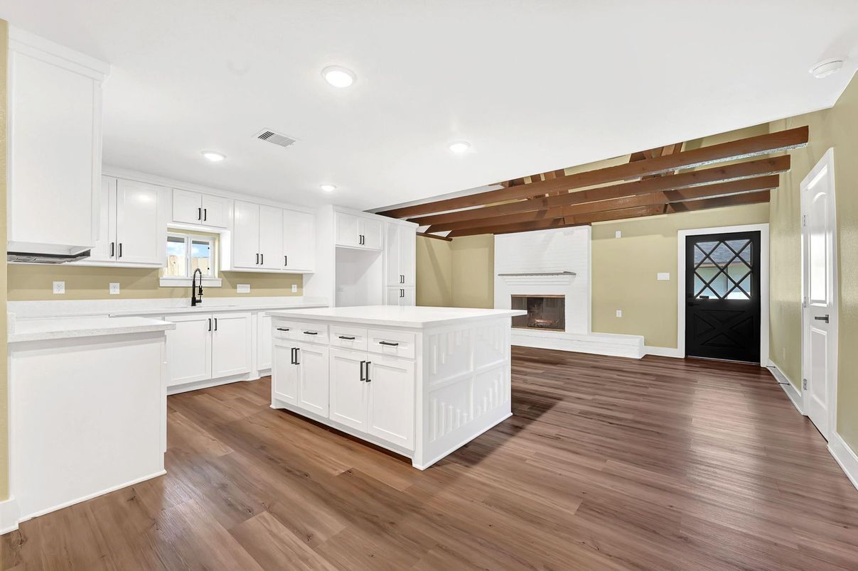 Fireplace, Interior, Kitchen, Recessed Lighting, Wooden Beams, Wood Texture Flooring