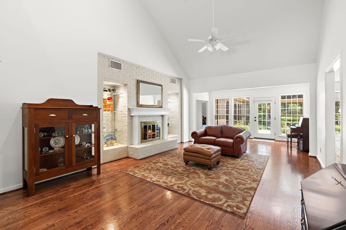 Fireplace, Interior, Living room, Stone Walls, Wood Texture Flooring