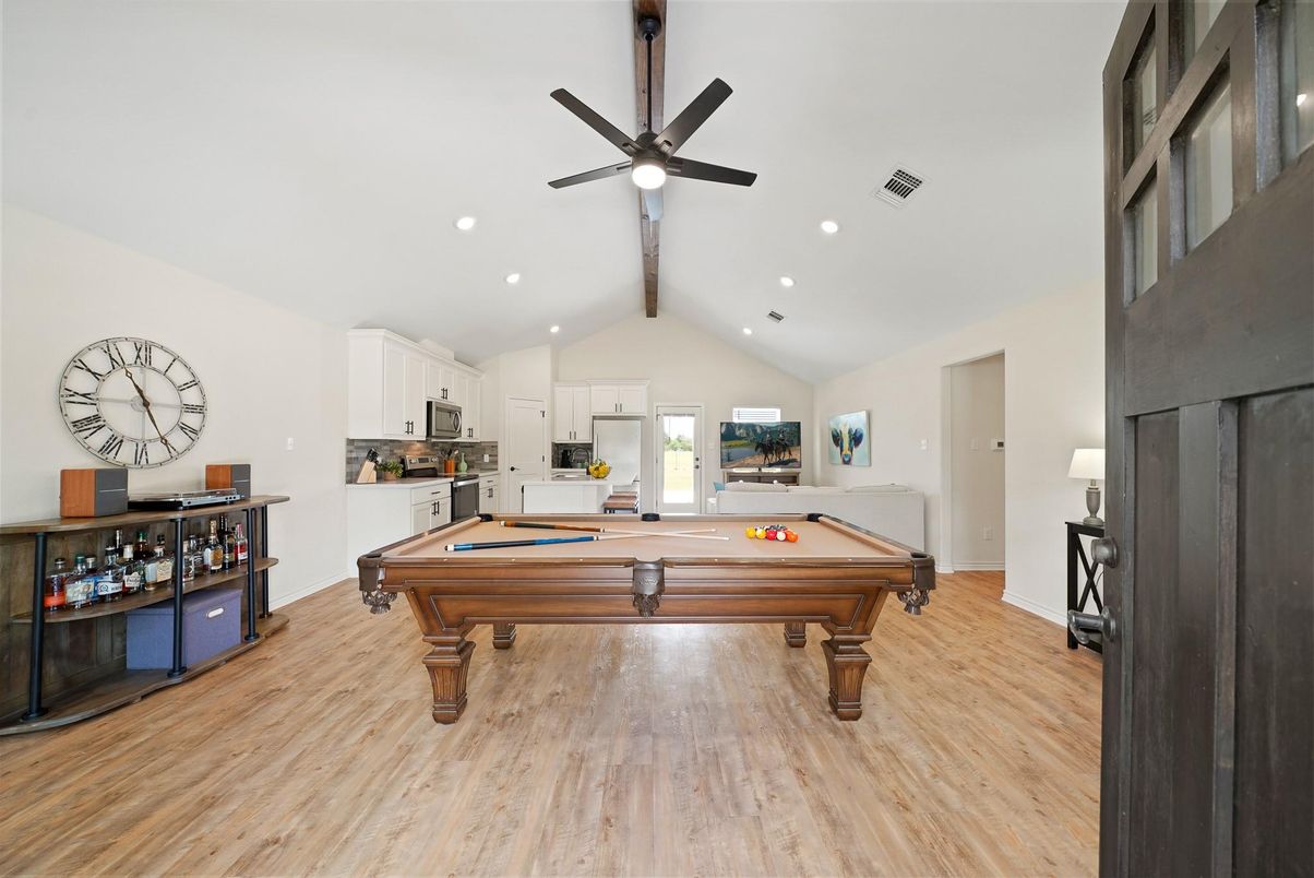 Billiard Table, Game Room, Interior, Recessed Lighting, Wood Texture Flooring