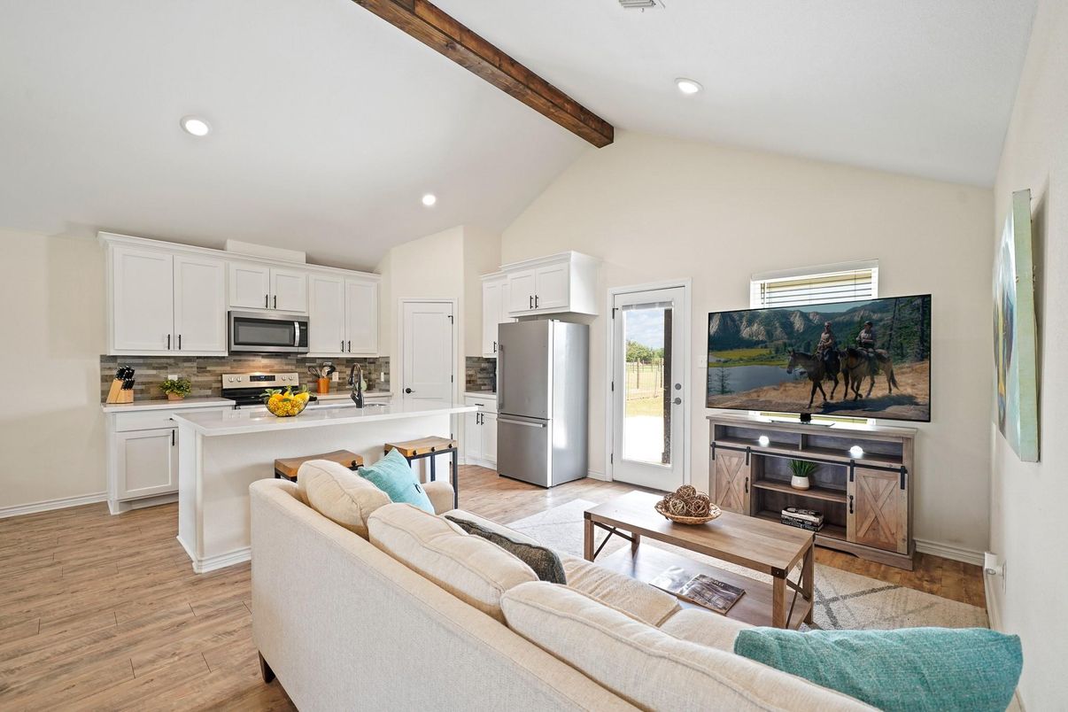 Interior, Kitchen, Living room, Recessed Lighting, Stainless Steel Appliances, Wooden Beams, Wood Texture Flooring