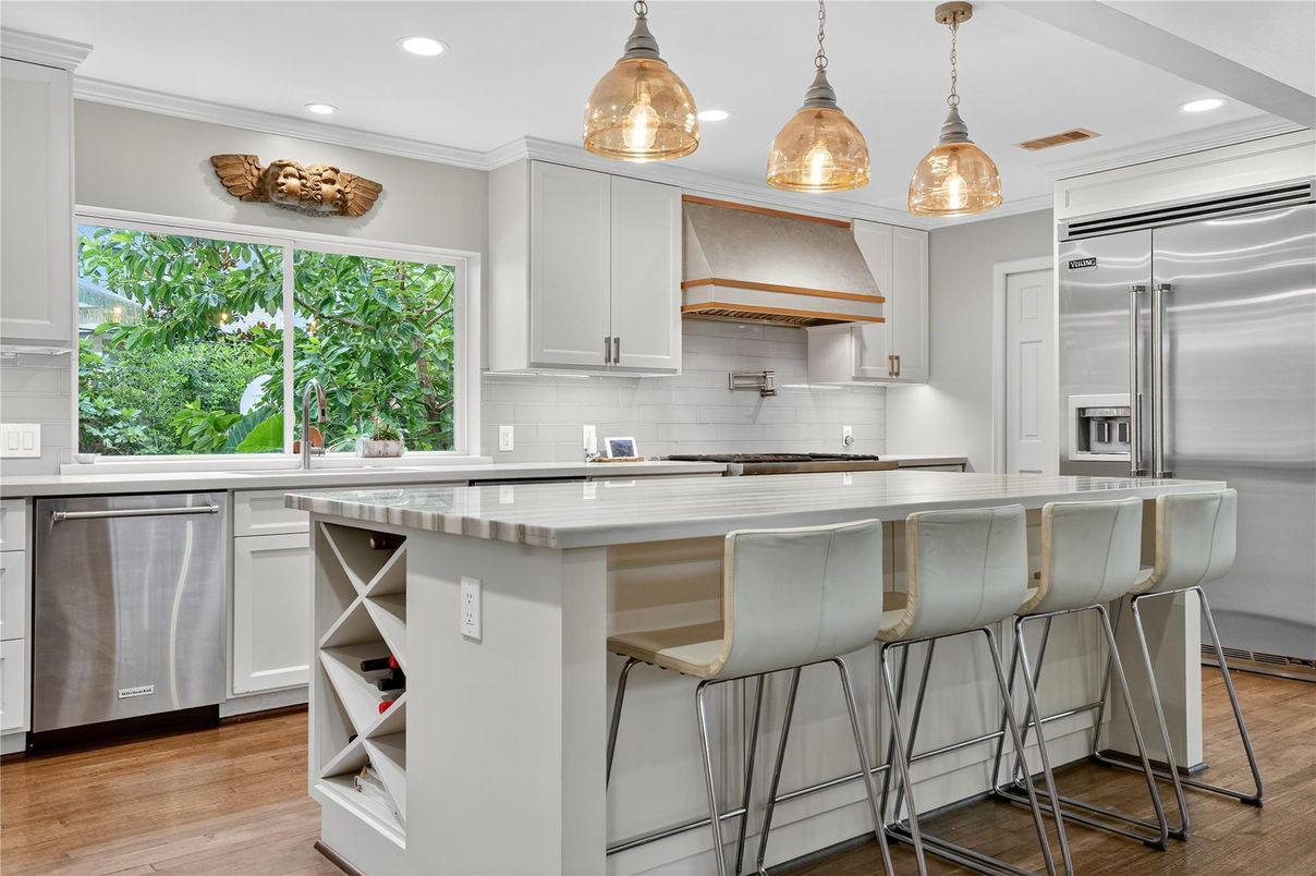 Interior, Kitchen, Pendant Lights, Recessed Lighting, Stainless Steel Appliances, Wood Texture Flooring