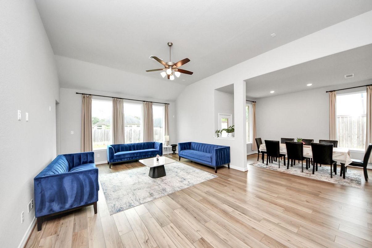 Dining room, Interior, Living room, Recessed Lighting, Wood Texture Flooring
