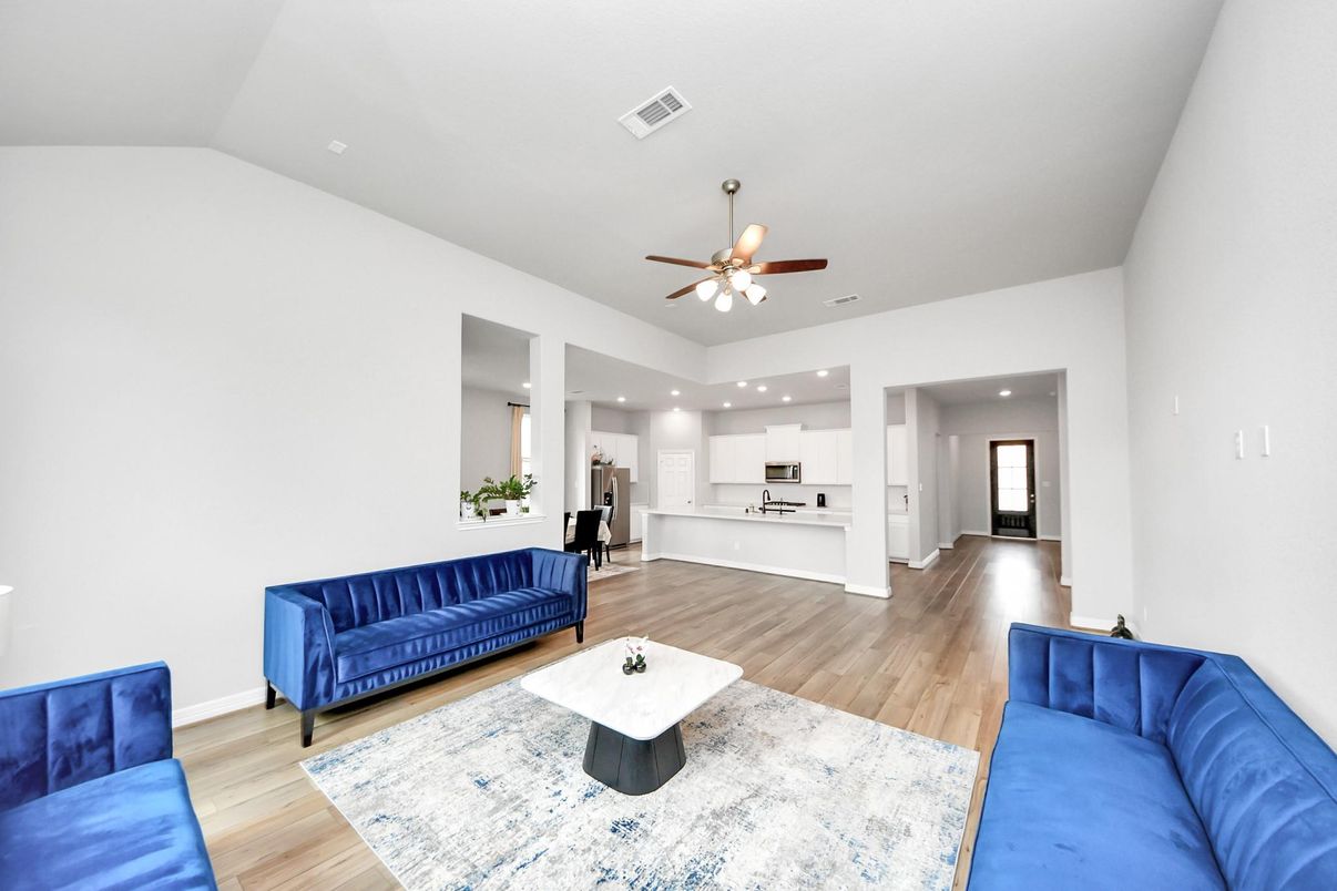 Interior, Kitchen, Living room, Recessed Lighting, Wood Texture Flooring