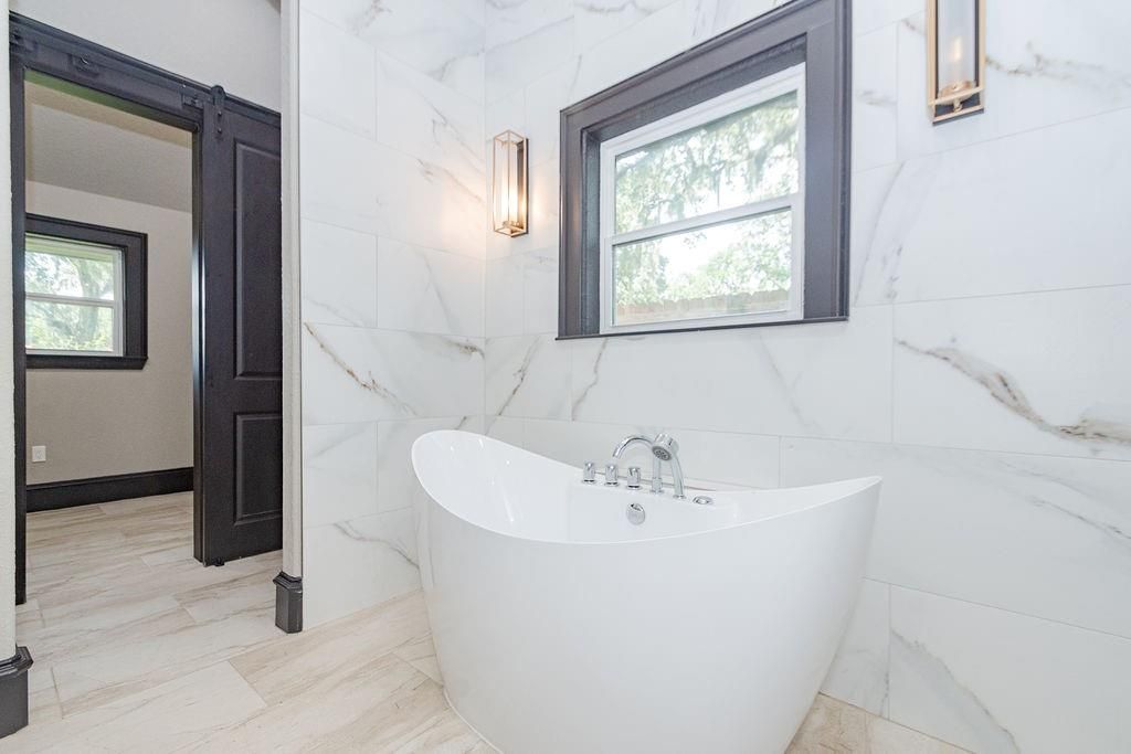 Bathroom, Free Standing Baths, Interior, Marble, Marble Walls, Wood Texture Flooring