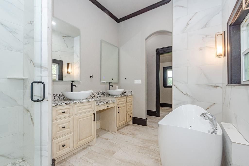Bathroom, Dual Sink Vanities, Free Standing Baths, Glass Shower, Interior, Marble Walls