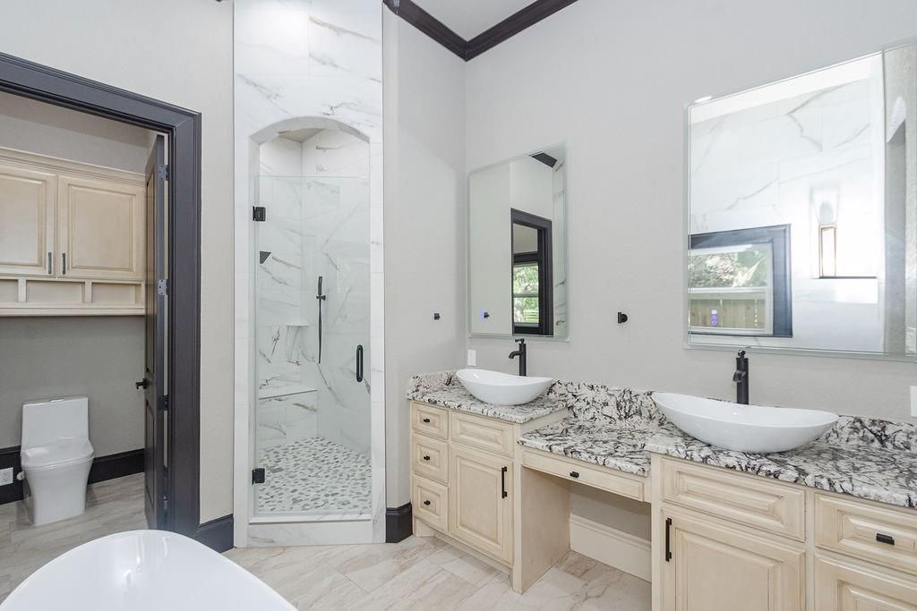 Bathroom, Dual Sink Vanities, Glass Shower, Interior, Marble, Marble Walls