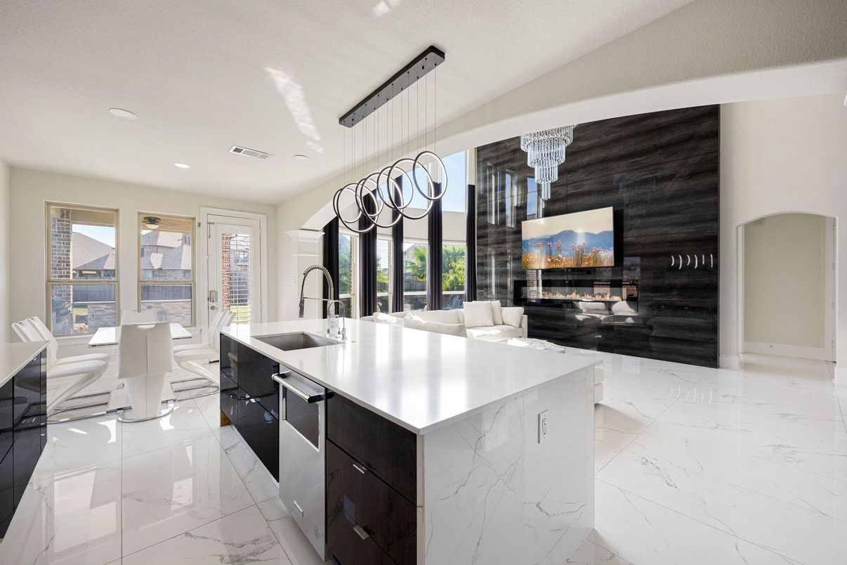 Dining room, Fireplace, Interior, Kitchen, Living room, Marble, Pendant Lights, Recessed Lighting, Stainless Steel Appliances