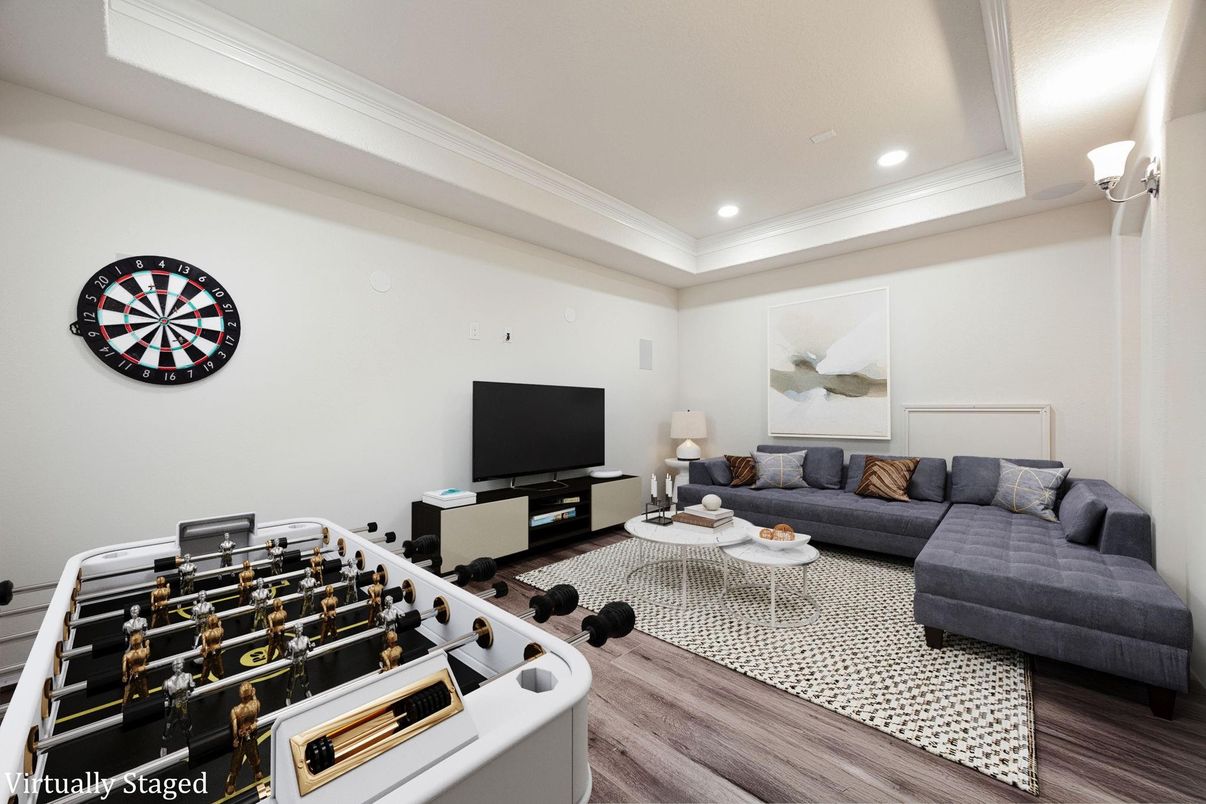 Game Room, Interior, Living room, Recessed Lighting, Wood Texture Flooring