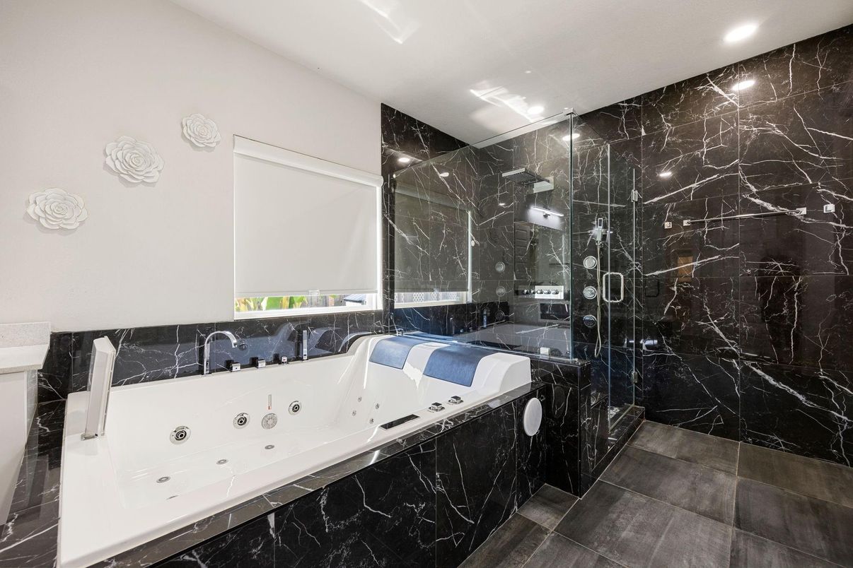 Bathroom, Glass Shower, Interior, Marble Walls, Recessed Lighting