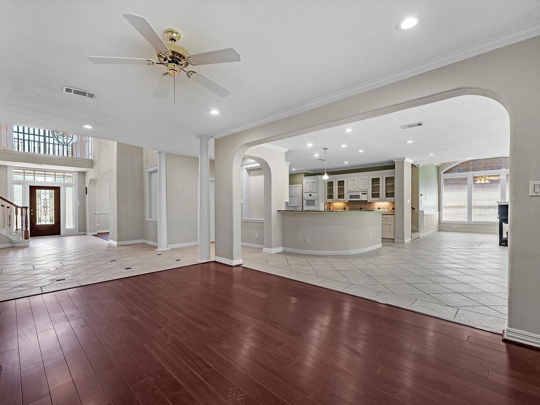 Empty room, Interior, Kitchen, Recessed Lighting, Wood Texture Flooring