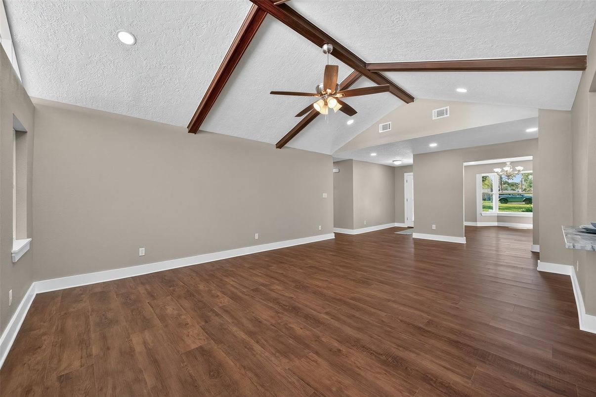 Chandelier, Empty room, Interior, Recessed Lighting, Wooden Beams, Wood Texture Flooring