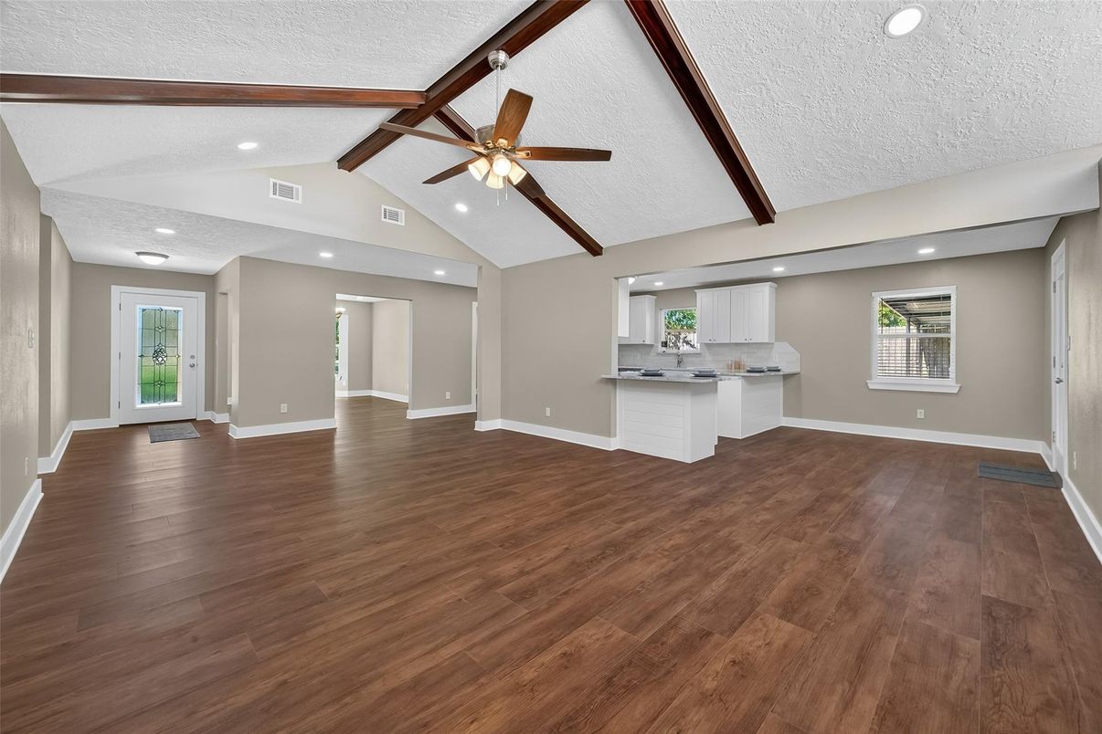Empty room, Interior, Kitchen, Recessed Lighting, Wooden Beams, Wood Texture Flooring