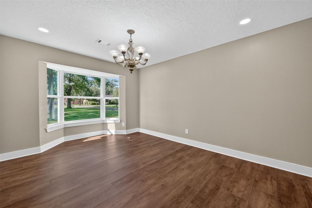 Chandelier, Empty room, Interior, Recessed Lighting, Wood Texture Flooring