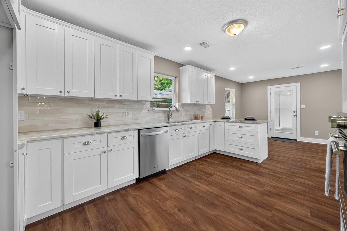 Interior, Kitchen, Recessed Lighting, Stainless Steel Appliances, Wood Texture Flooring