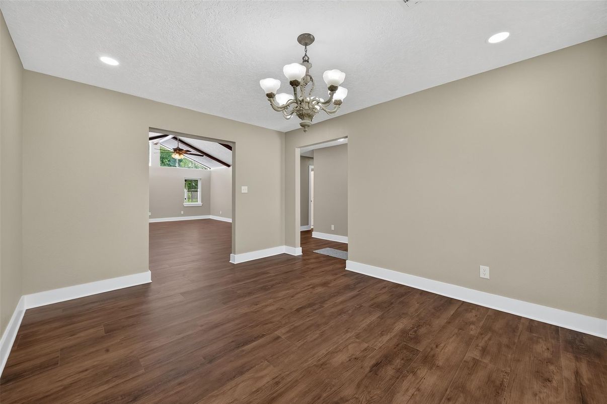 Chandelier, Empty room, Interior, Recessed Lighting, Wood Texture Flooring