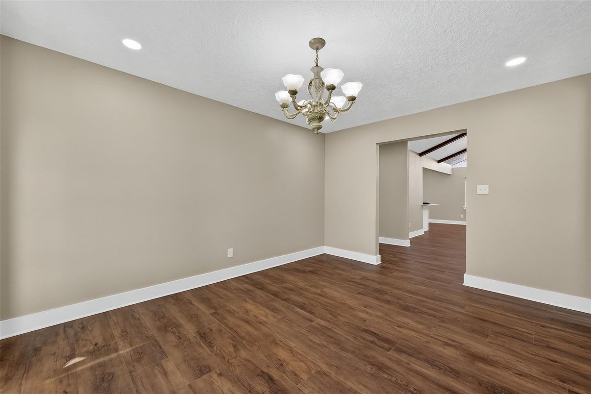 Chandelier, Empty room, Interior, Recessed Lighting, Wood Texture Flooring