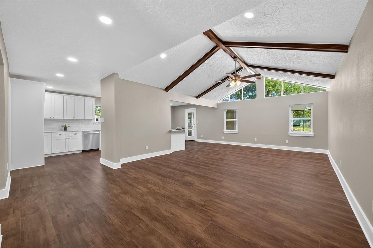 Empty room, Interior, Kitchen, Recessed Lighting, Wood Texture Flooring