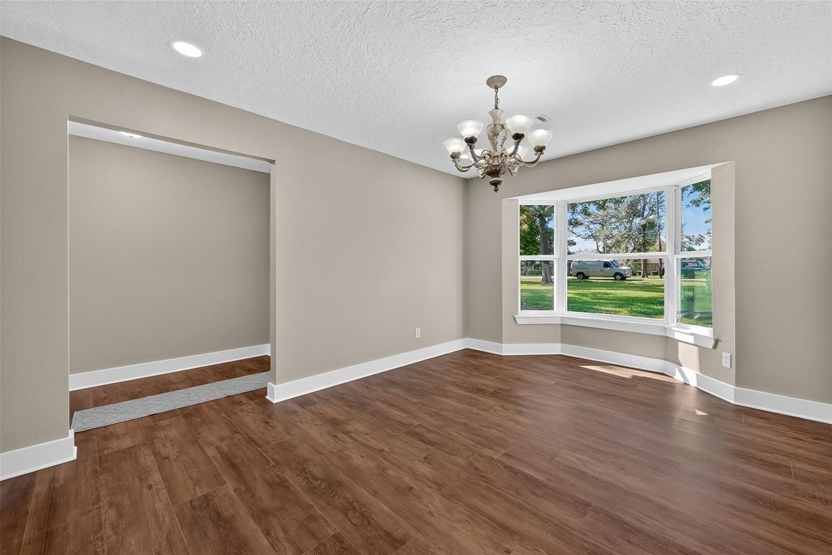 Chandelier, Empty room, Interior, Recessed Lighting, Wood Texture Flooring