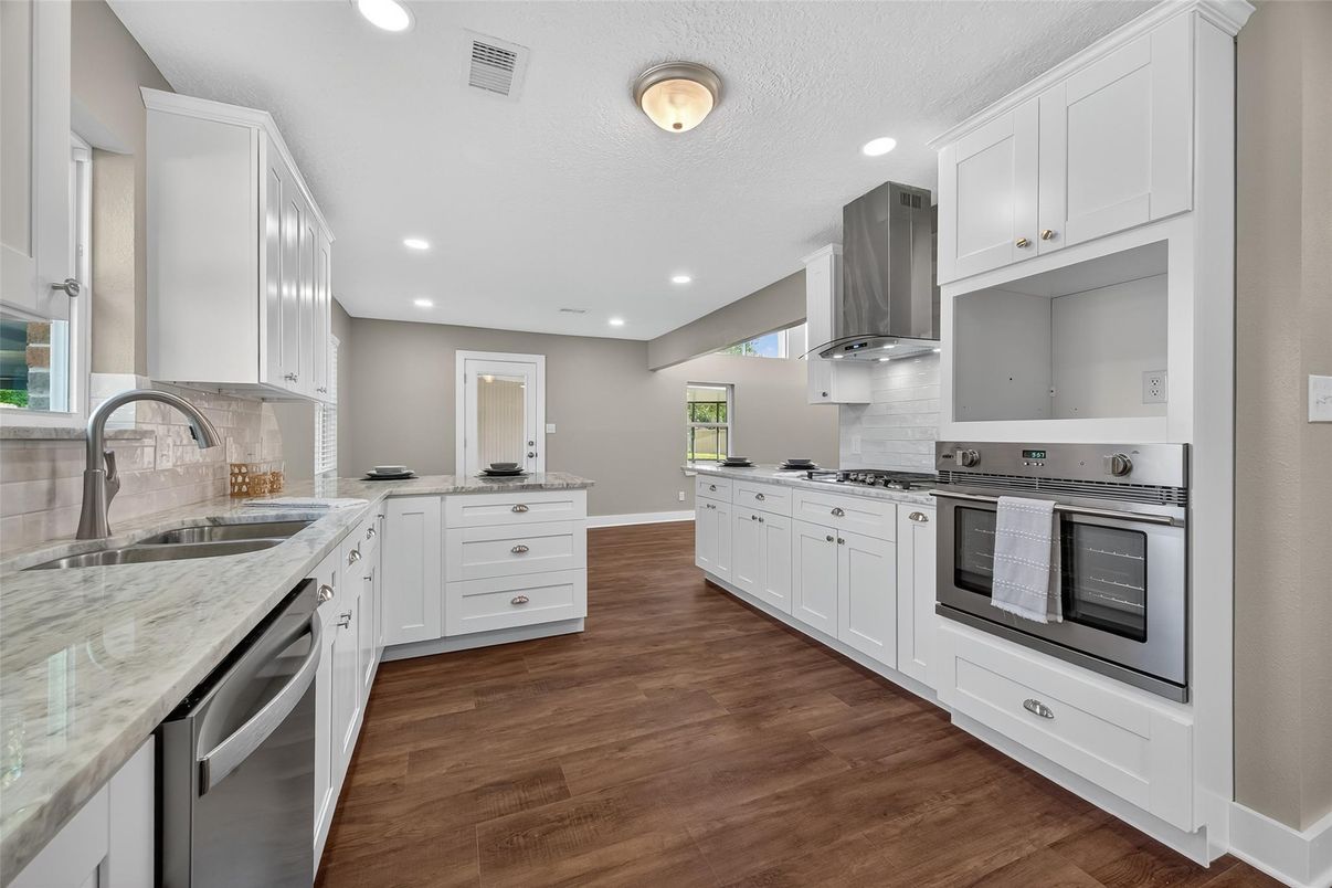 Interior, Kitchen, Recessed Lighting, Stainless Steel Appliances, Wood Texture Flooring