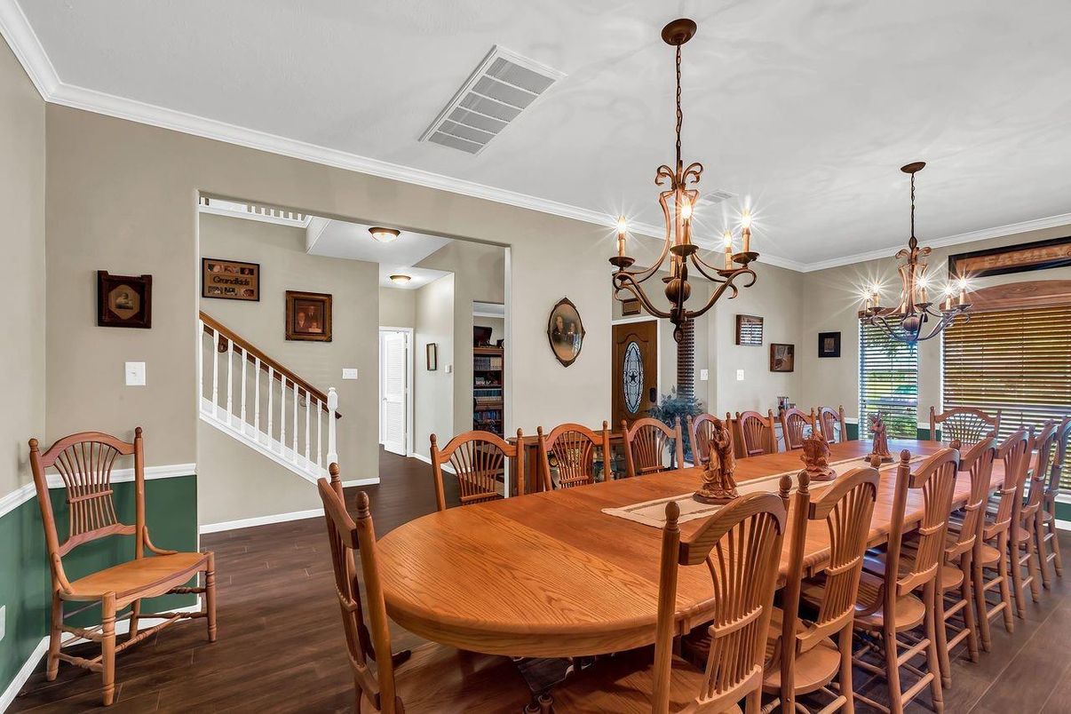 Chandelier, Dining room, Interior, Wood Texture Flooring