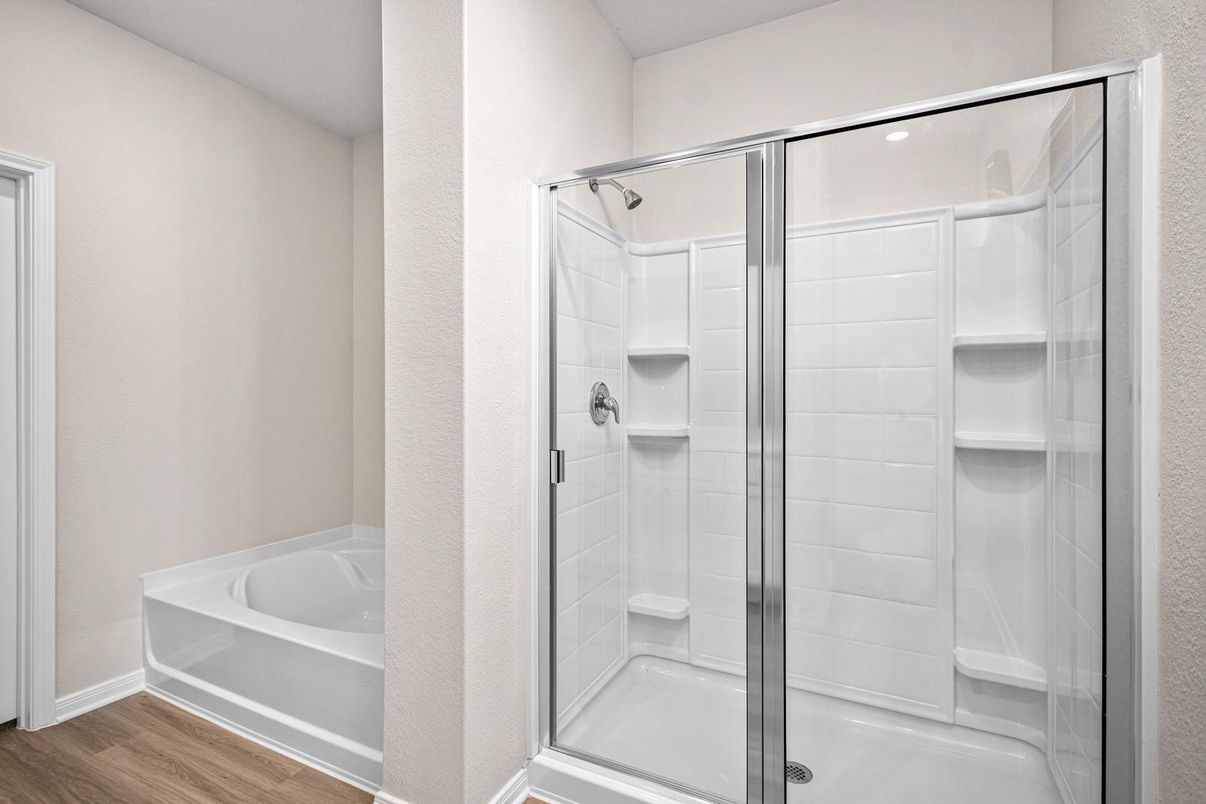 Bathroom, Glass Shower, Interior, Recessed Lighting, Wood Texture Flooring