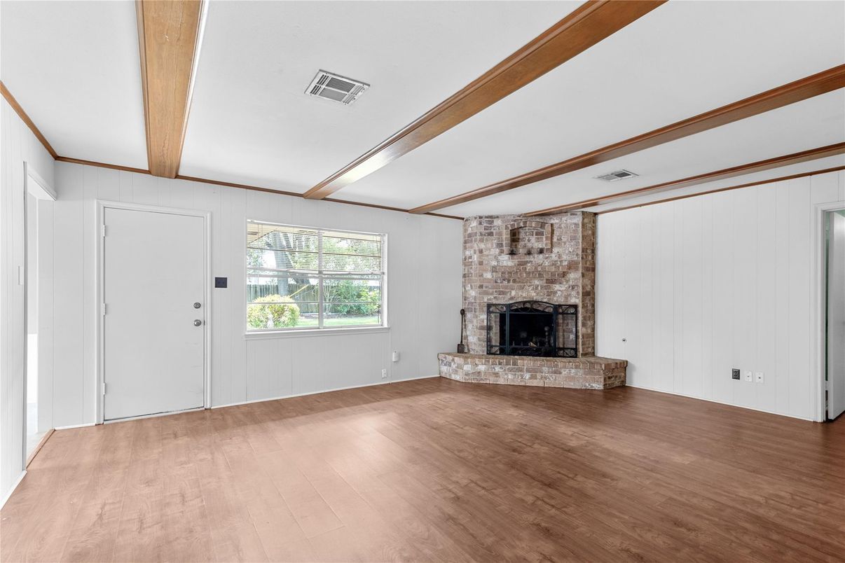 Empty room, Fireplace, Interior, Stone Walls, Wood Texture Flooring