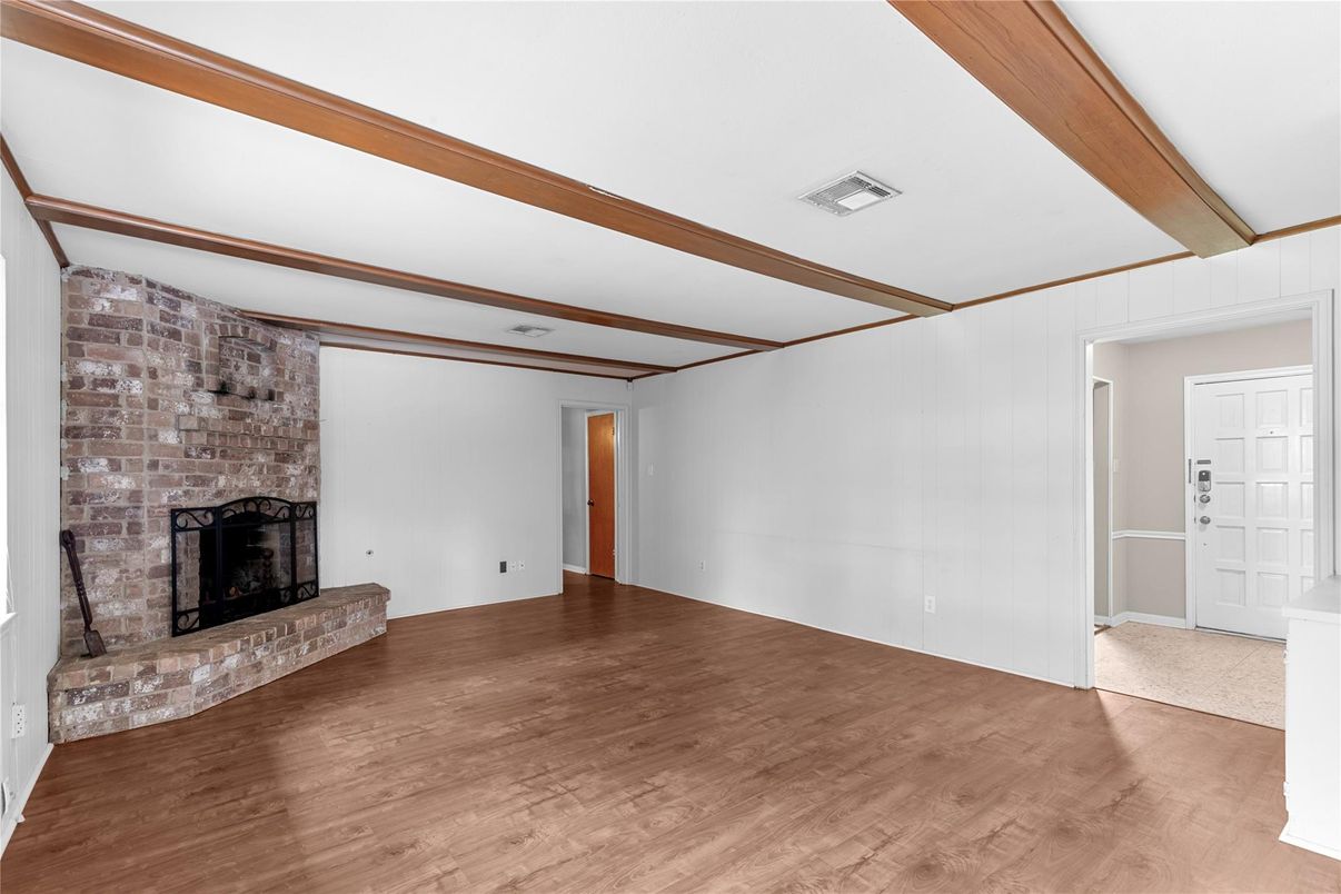 Empty room, Fireplace, Interior, Stone Walls, Wood Texture Flooring