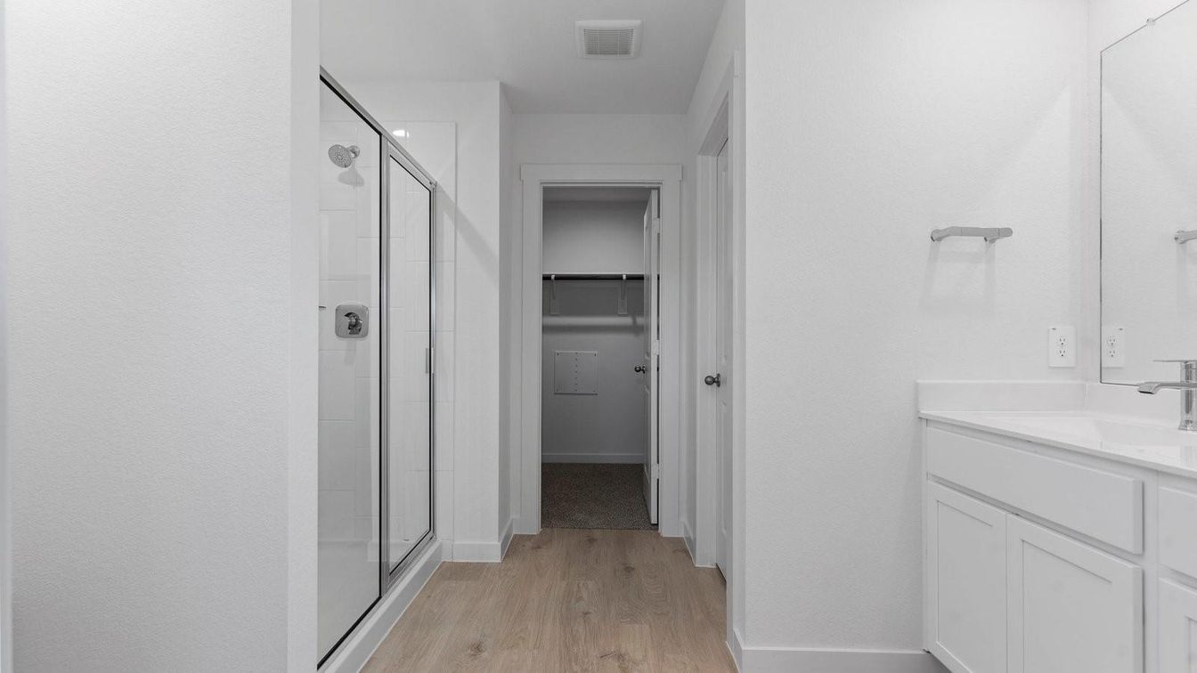 Bathroom, Glass Shower, Interior, Wood Texture Flooring