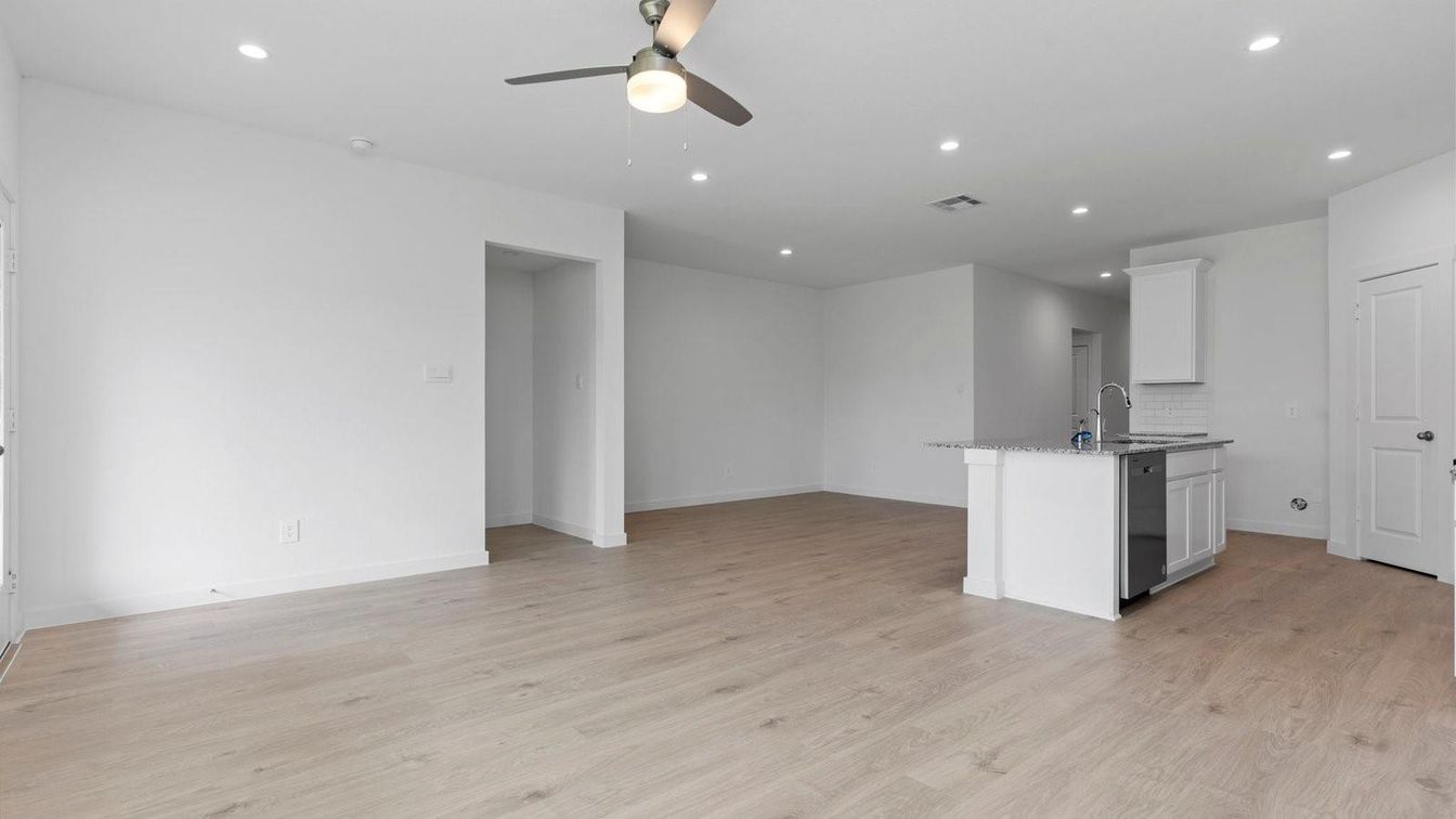 Empty room, Interior, Kitchen, Recessed Lighting, Wood Texture Flooring