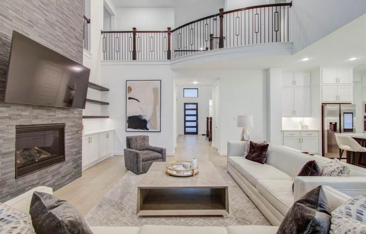 Fireplace, Interior, Living room, Recessed Lighting, Stone Walls, Wood Texture Flooring