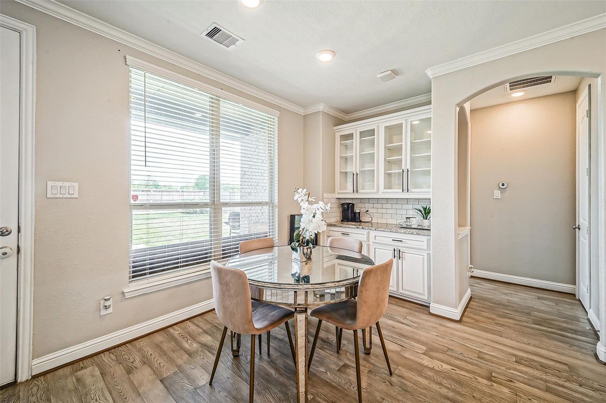 Dining room, Interior, Recessed Lighting, Wood Texture Flooring