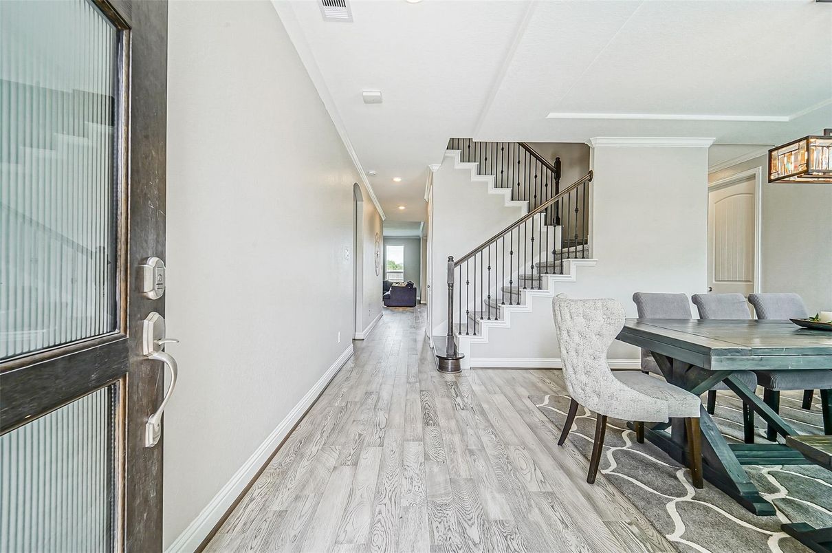 Dining room, Interior, Recessed Lighting, Wood Texture Flooring