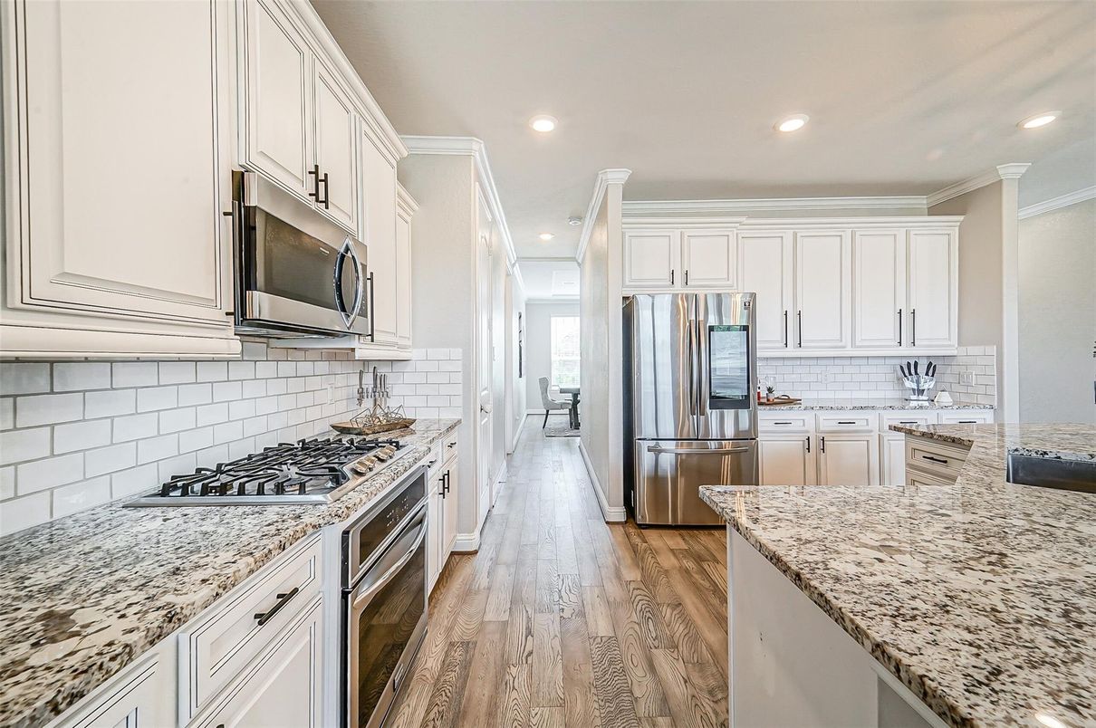 Interior, Kitchen, Recessed Lighting, Stainless Steel Appliances, Wood Texture Flooring