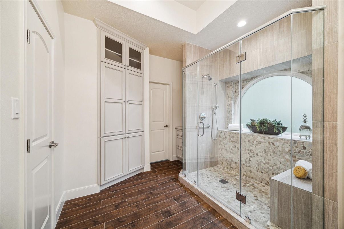 Bathroom, Glass Shower, Interior, Recessed Lighting, Wood Texture Flooring