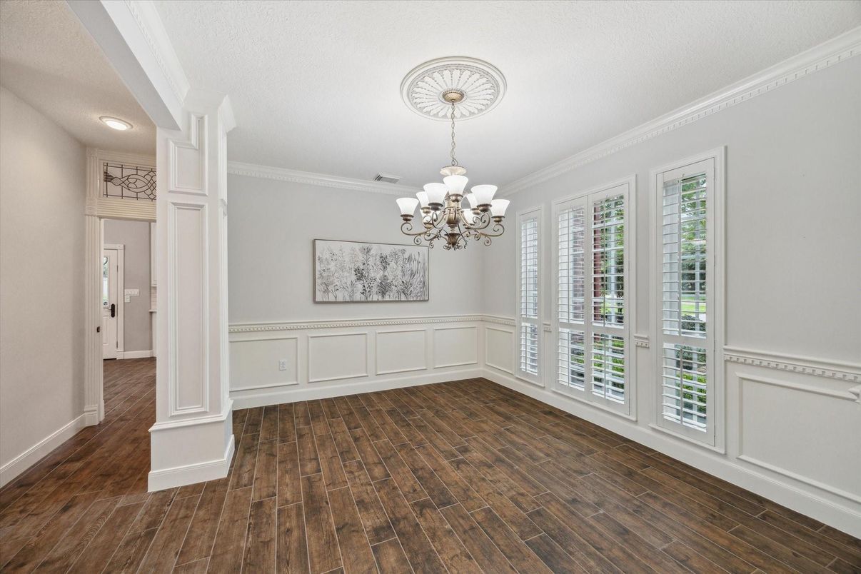 Chandelier, Empty room, Interior, Recessed Lighting, Wood Texture Flooring
