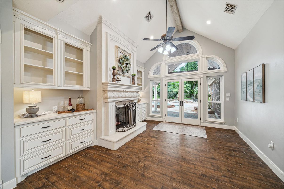 Fireplace, Interior, Recessed Lighting, Wood Texture Flooring