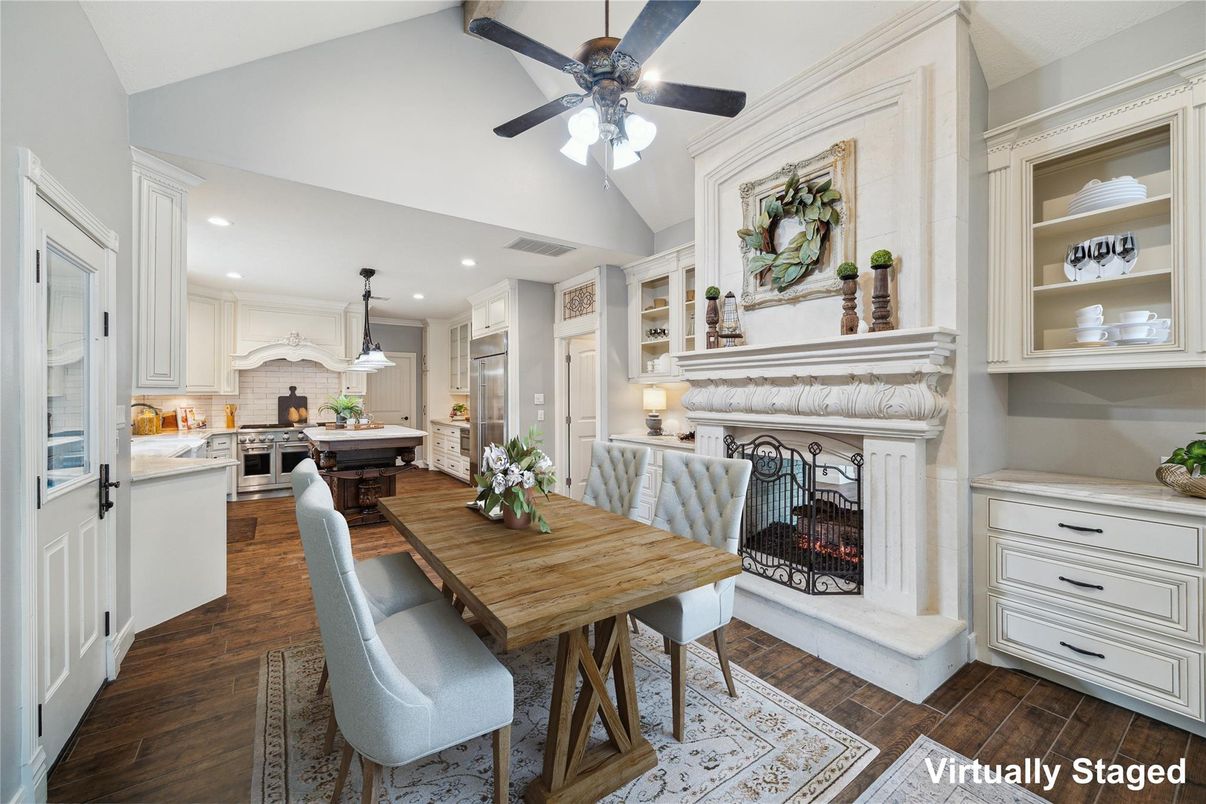 Dining room, Fireplace, Interior, Kitchen, Pendant Lights, Recessed Lighting, Wood Texture Flooring
