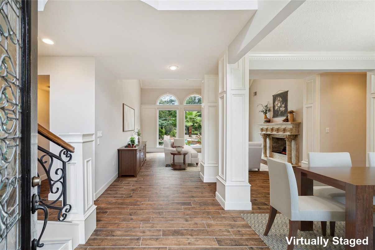 Fireplace, Interior, Recessed Lighting, Wood Texture Flooring