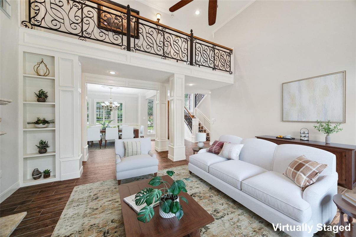 Chandelier, Dining room, Interior, Living room, Recessed Lighting, Wooden Beams, Wood Texture Flooring