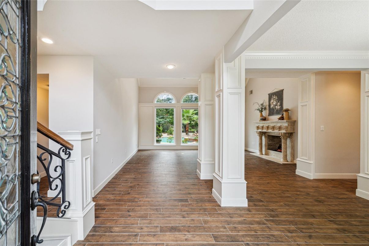Fireplace, Interior, Recessed Lighting, Wood Texture Flooring
