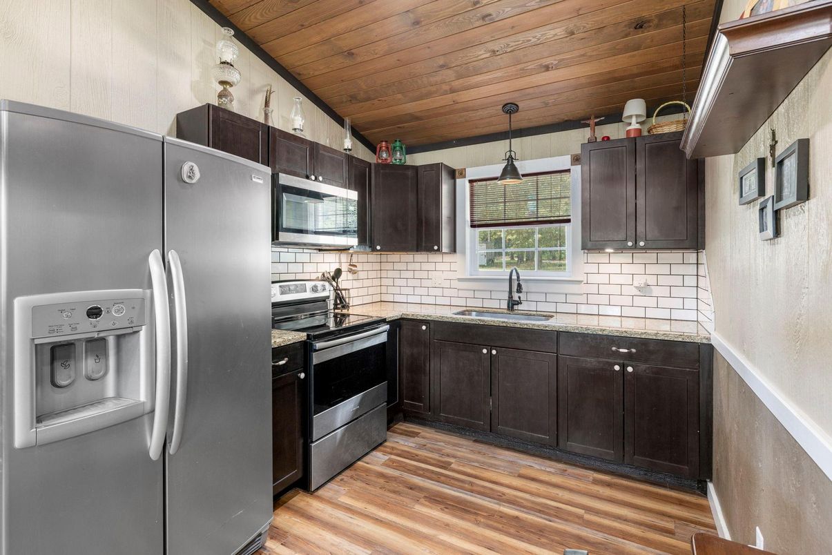 Interior, Kitchen, Pendant Lights, Wooden Ceilings, Wood Texture Flooring