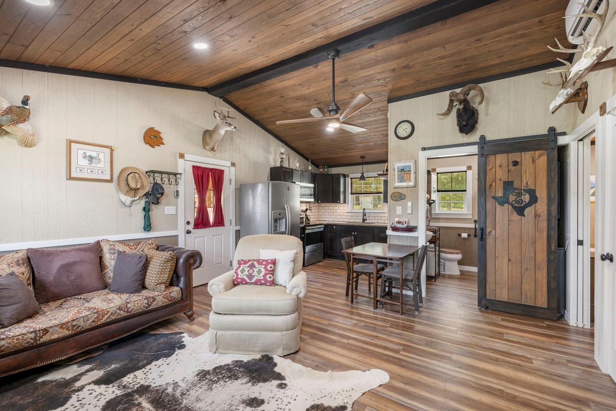 Dining room, Interior, Kitchen, Living room, Recessed Lighting, Wooden Ceilings, Wood Texture Flooring