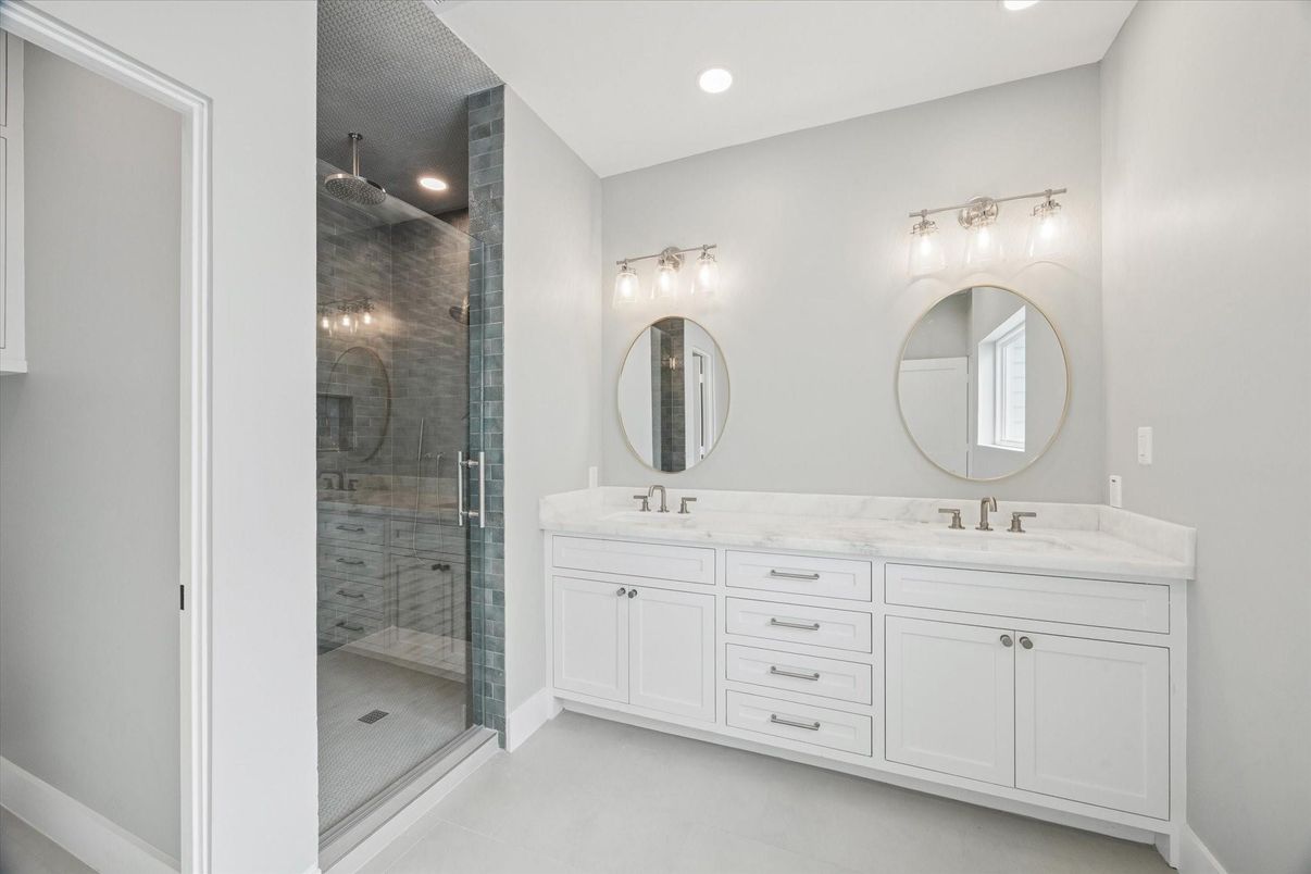 Bathroom, Dual Sink Vanities, Glass Shower, Interior, Recessed Lighting