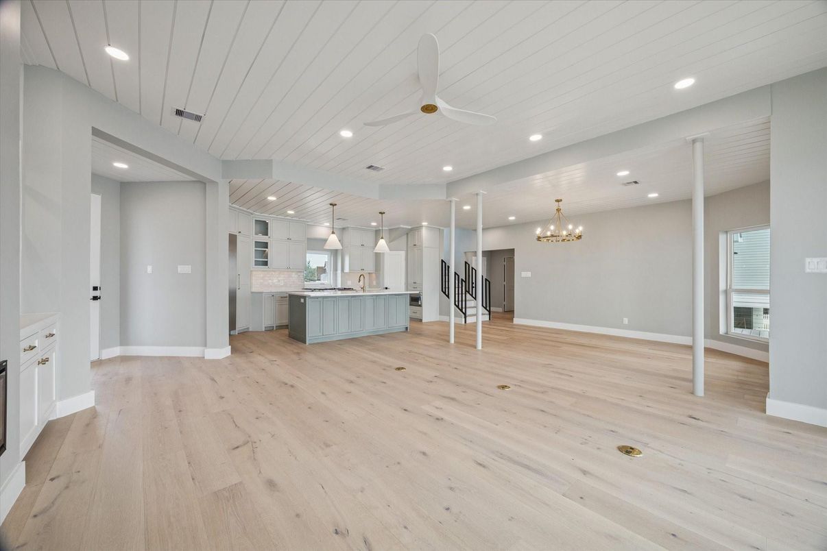 Chandelier, Empty room, Interior, Kitchen, Pendant Lights, Recessed Lighting, Wood Texture Flooring