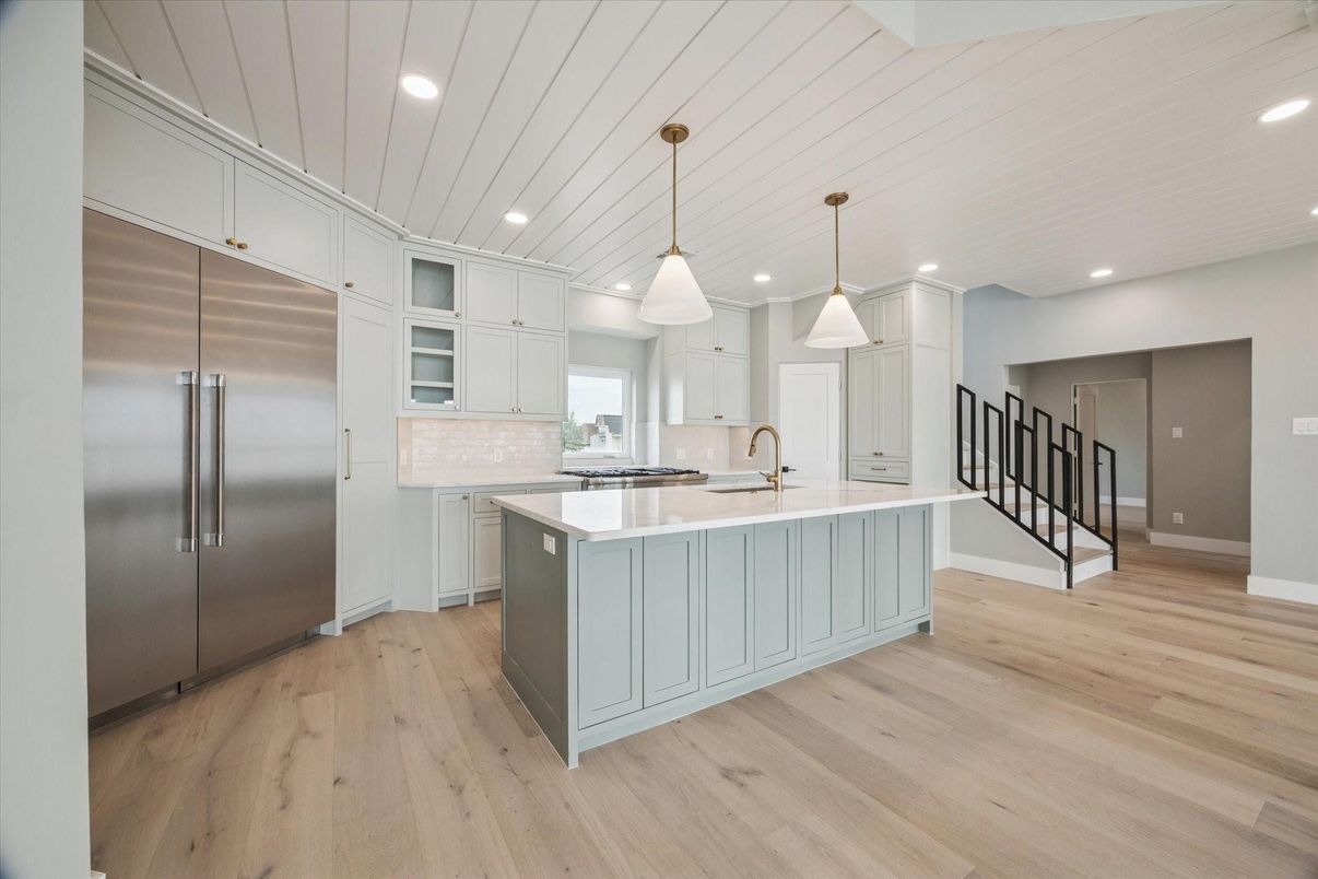 Interior, Kitchen, Pendant Lights, Recessed Lighting, Stainless Steel Appliances, Wood Texture Flooring
