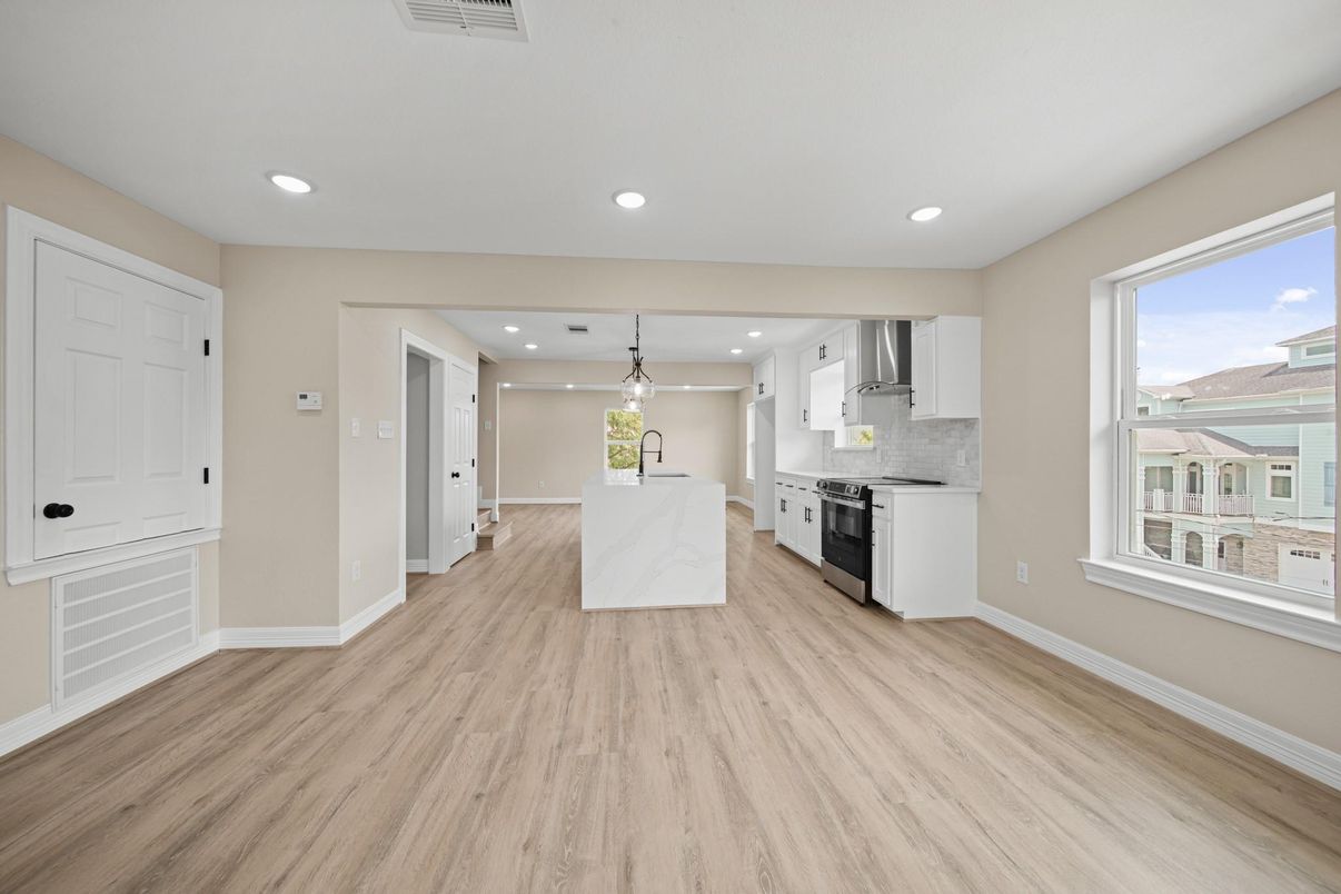Interior, Kitchen, Pendant Lights, Recessed Lighting, Stainless Steel Appliances, Wood Texture Flooring