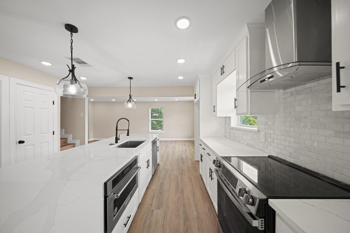 Interior, Kitchen, Pendant Lights, Recessed Lighting, Stainless Steel Appliances, Wood Texture Flooring