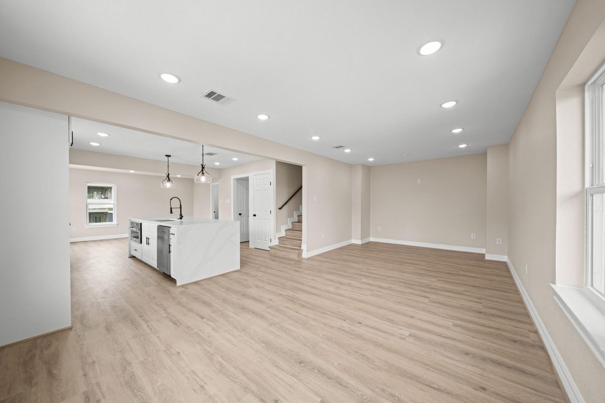 Empty room, Interior, Kitchen, Pendant Lights, Recessed Lighting, Wood Texture Flooring
